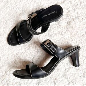 Etienne Aigner Black and Exposed Cream Stitching Buckle Slip On Sandal Heels